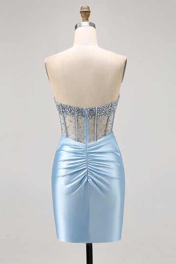 Blue Strapless Satin Beaded Corset Tight Homecoming Dress